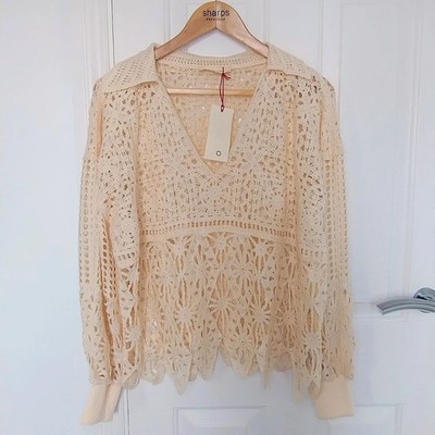 Solitaire Creme Häkeltop V-Ausschnitt Langarm Kragen Boho Festival Sommer XL 