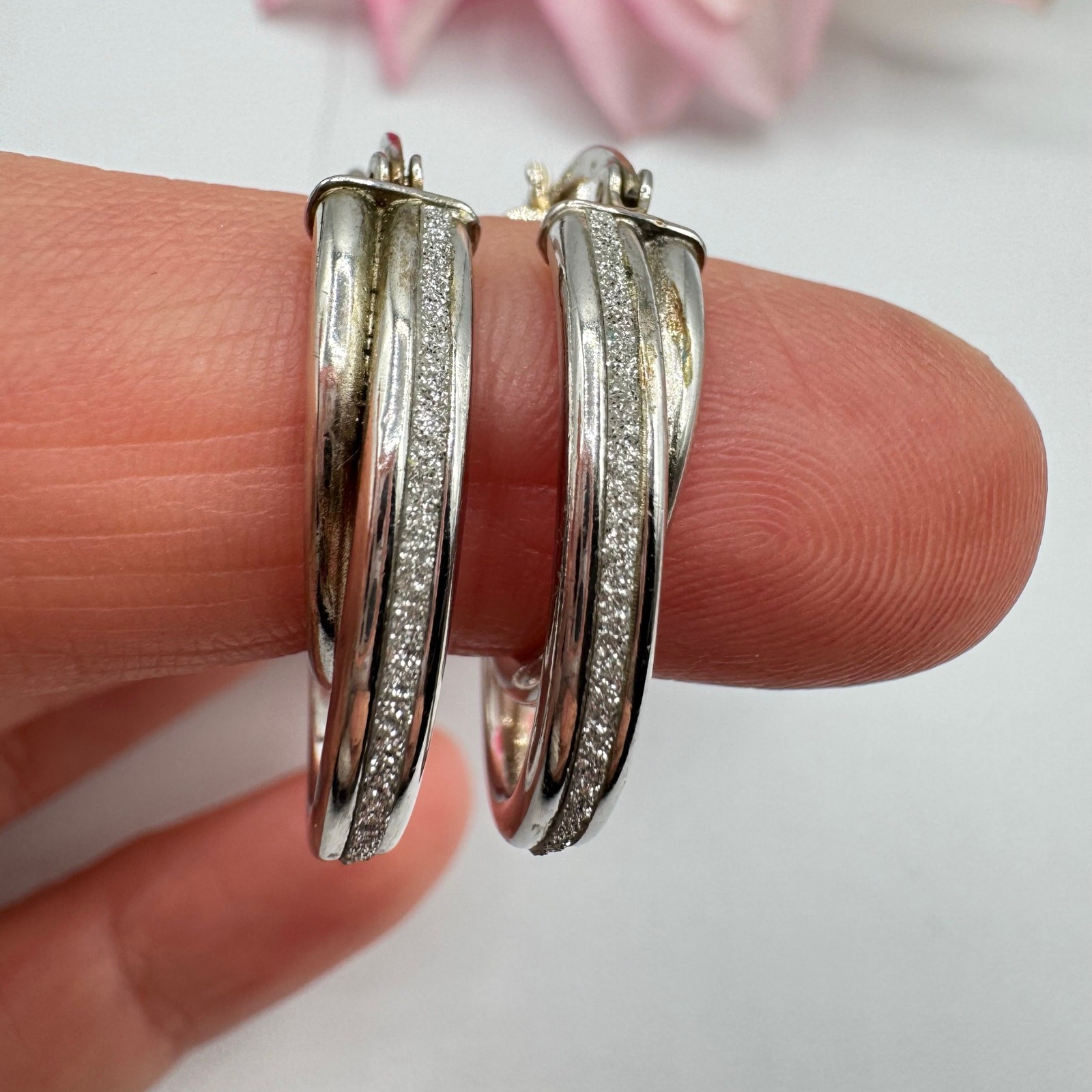 Glitter Silver Double Split Hoop Earrings Acid Te… - image 6