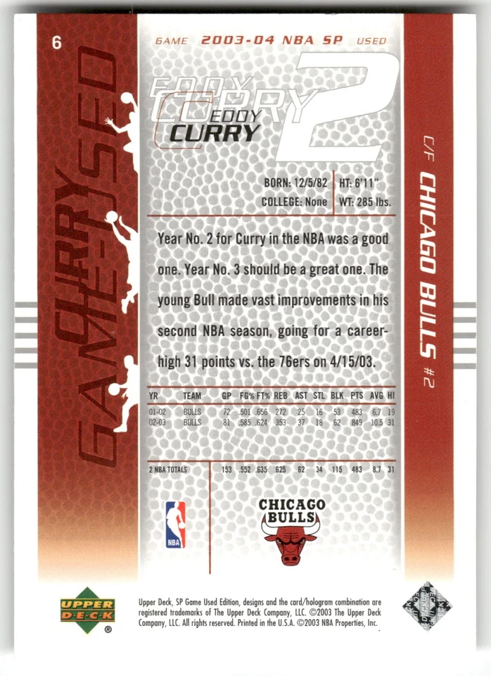 Eddy Curry 2003-04 SP Game Used #6 Chicago Bulls - Image 2 of 2