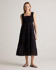 Quince Women 100% Organic Cotton Eyelet Smocked Midi Dress Black M