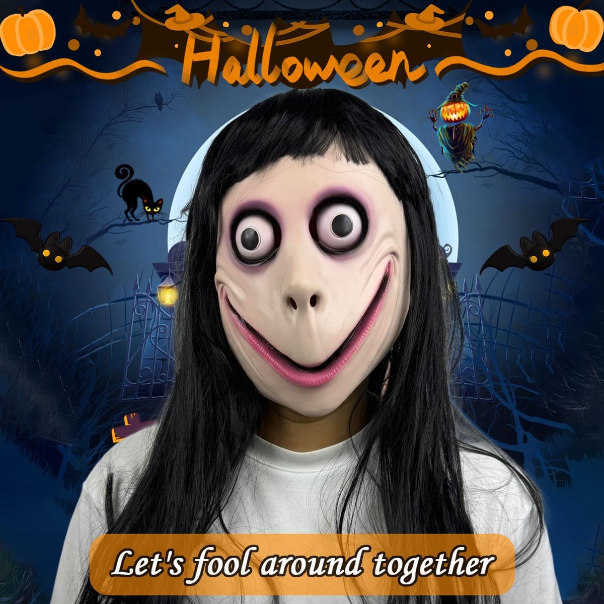 MOMO Mask, Scary Momo Head Masks with Long Wig Challenge Large