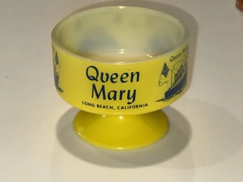 Vintage Federal Glass Queen Mary Ocean Liner Long Beach Footed Sherbet Dish VG