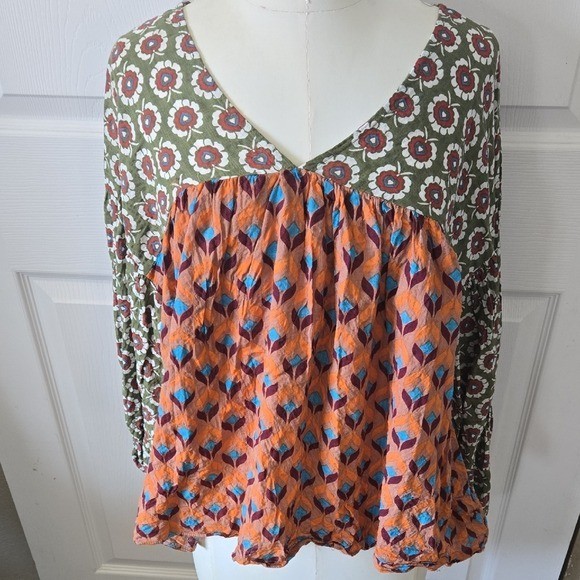 Bucket List Boho Patchwork V Neck Long Sleeve Pea… - image 1