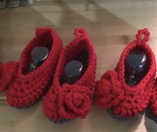 Red With Gray & RoseHand Crochet Baby Booties, Size 6, gift packaging included - Picture 6 of 6