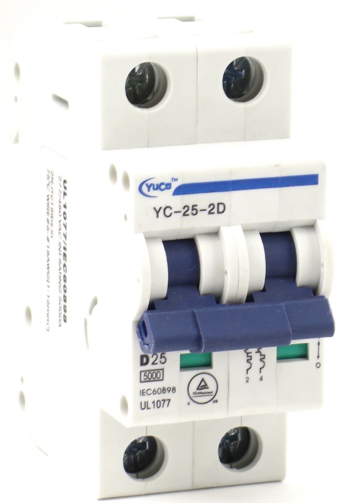 YuCo YC-25-2D Miniature Din Rail Circuit Breaker D Curve 25 Amp 2P 480VAC 220VDC