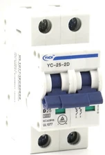 YuCo YC-25-2D Miniature Din Rail Circuit Breaker D Curve 25 Amp 2P 480VAC 220VDC