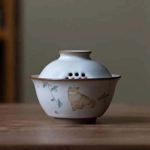 Ru Kiln Ceramic Gaiwan Cute Cat Pattern Filter Teacup Chinese Handmade - Picture 10 of 12