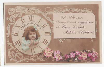 Old postcard fantasy HAPPY YEAR girl & clock at any hour happiness written 1905