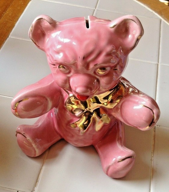 Vintage Mid Century Teddy Bear Coin Piggy Bank with Stopper Collectible