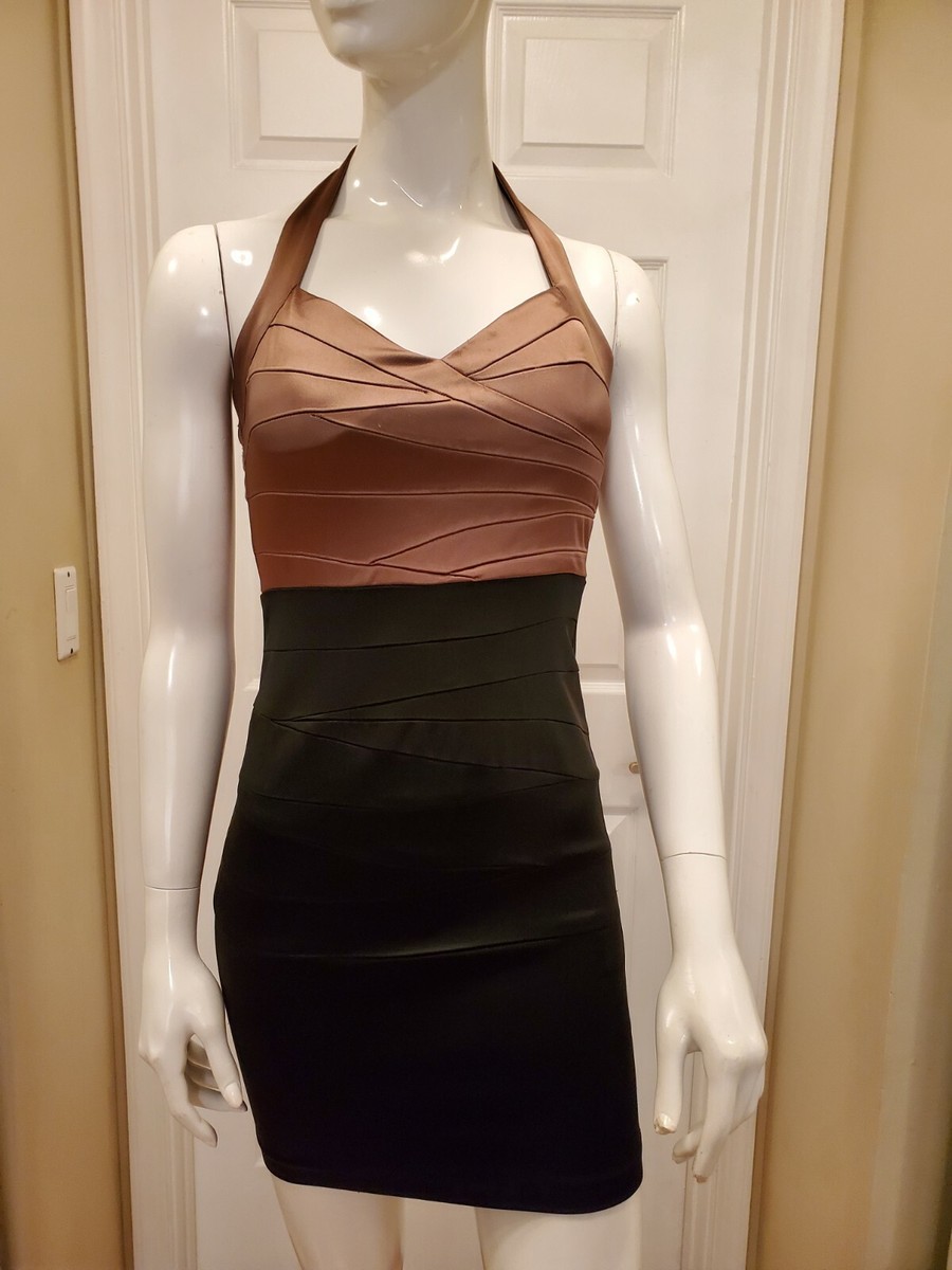 bebe black halter dress xs nvk two bronze/blk bk zip reg$129 Model Emma black gold sparkly dress highlighting your figure with Size:UK 20