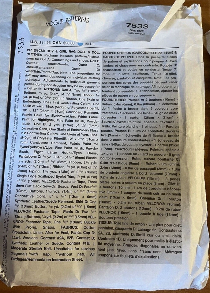 Vogue Craft 7533 Sewing Pattern Linda Carr Design Boy Girl Rag Dolls - Image 3 of 3