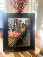 Original Watercolor Painting - NYC Little Italy Fruit Carts - 11x13 Framed Art,