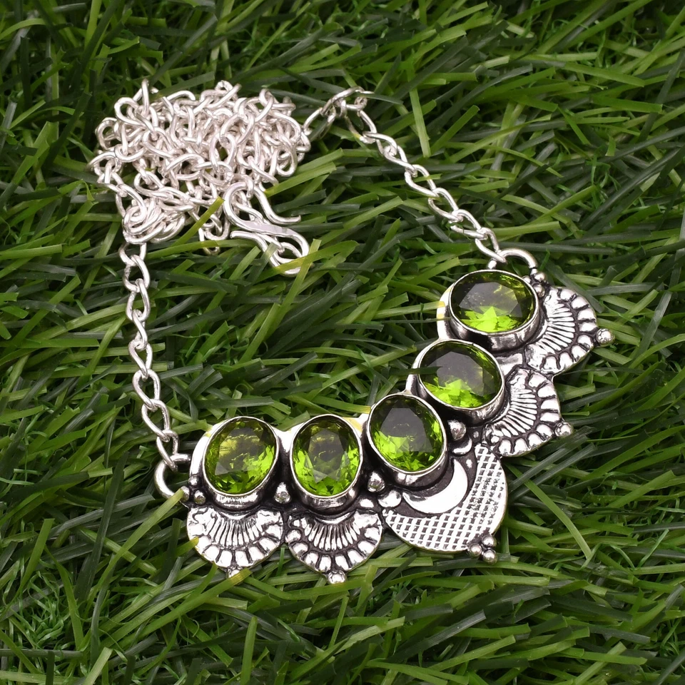 Green Peridot Gemstone 925 Sterling Silver Handmade Jewelry Necklace 18" - Image 3 of 4
