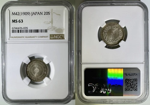 Japan 1909 Meiji Year Yr 42 Silver 20 Sen Sunburst Coin NGC MS 63 Y# 30