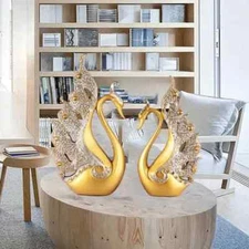 2 pcs Elegant Golden Swan Couple Statues: Mother's Day & MLK116100