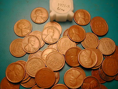 1921-S LINCOLN WHEAT CENT PENNY ROLL HIGH GRADE, all coins ''FINE'' 