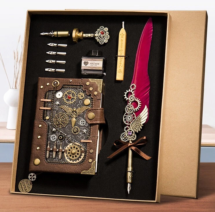 手工蒸汽朋克笔记本皮革日记本带定制书签和邮票 — 第 2/4 张图片