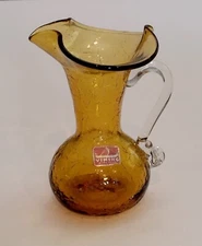 Vintage Viking MCM Crackle Glass Pitcher, Amber, Labeled, 5”