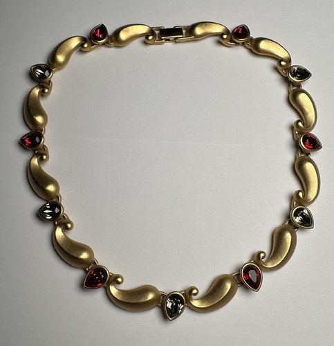 Napier Grey / Red Rhinestone Matte Gold Tone Vintage Necklace
