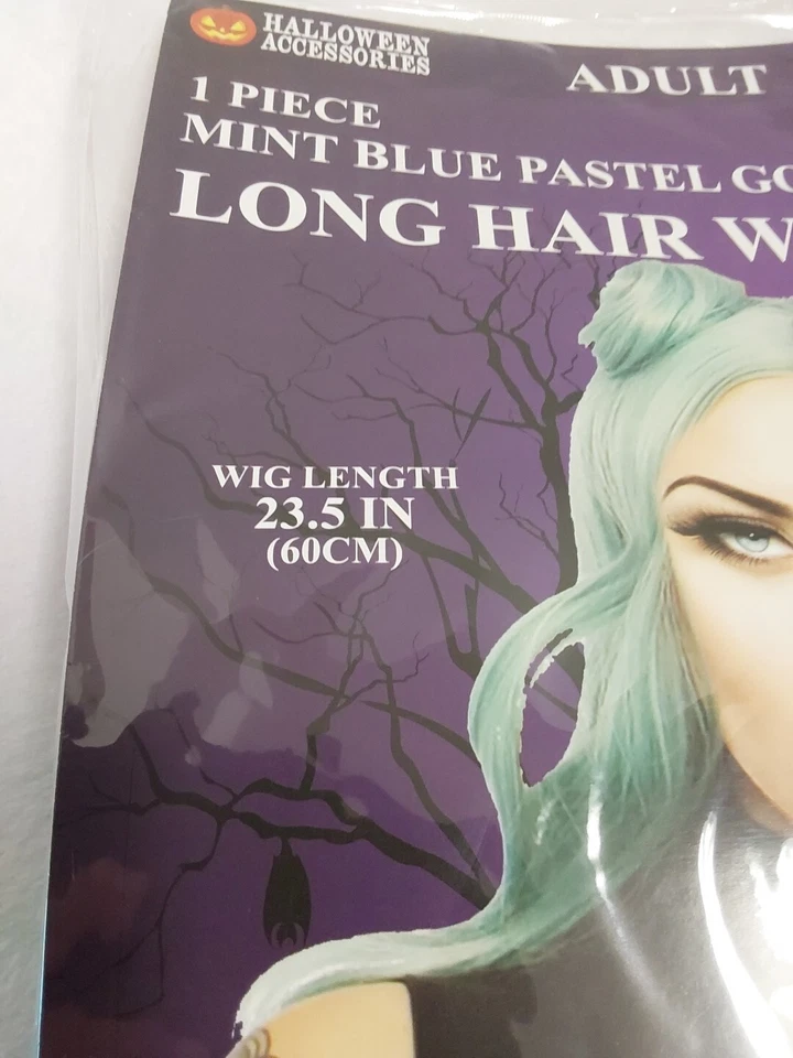 Peluca de pelo largo gótica pastel azul menta An American Co. con moños espaciales 23,5" L ¡NUEVA CON ETIQUETAS! Foto 3 de 4