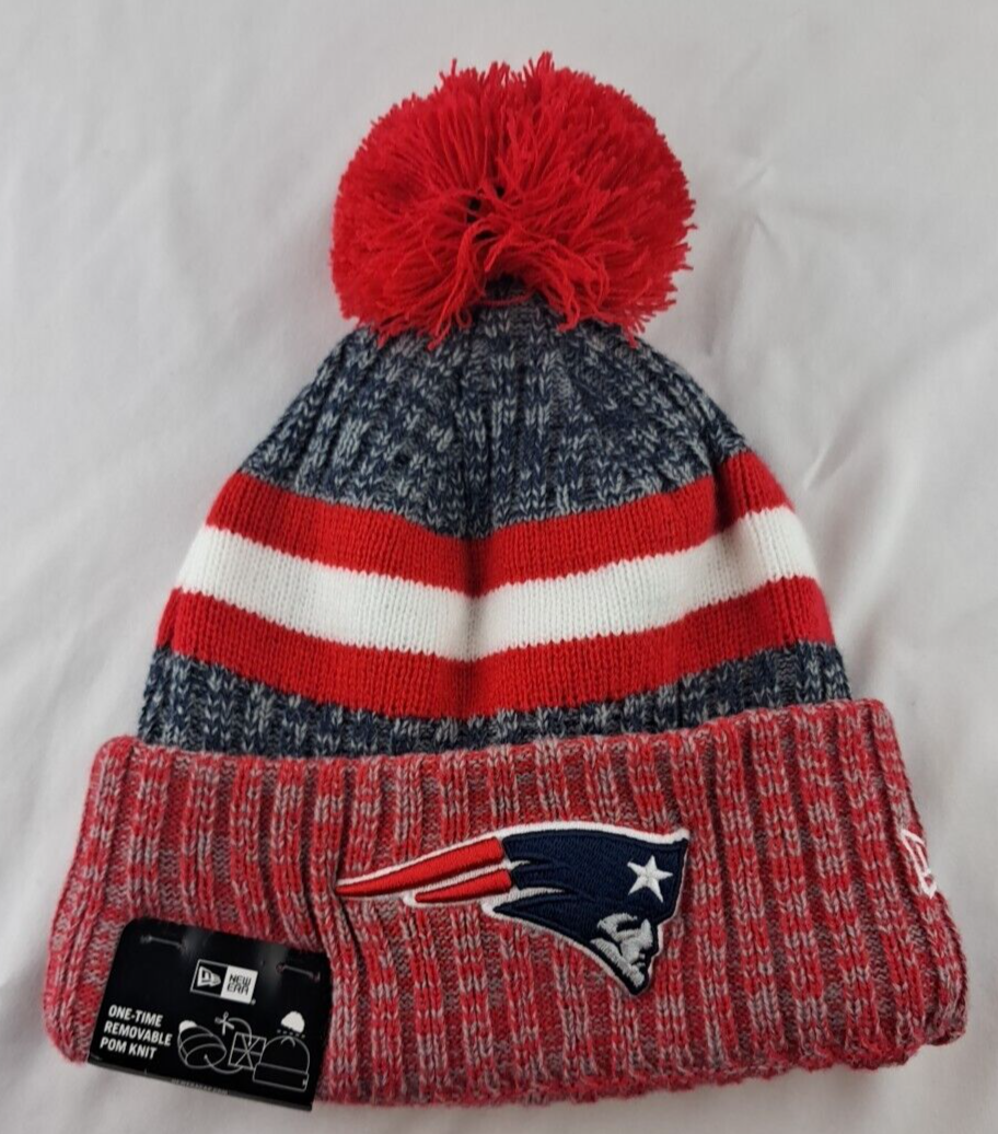New England Patriots Knit Winter Hat Beanie New Era Striped Pom Pom on field