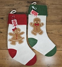 Pair of Knitted Christmas Stockings Gingerbread Man  Woman Embellished NWT 19"