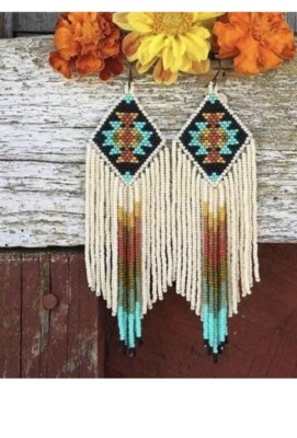 Tribal Earrings Native Large Boho American Seed Beads Handmade Earring