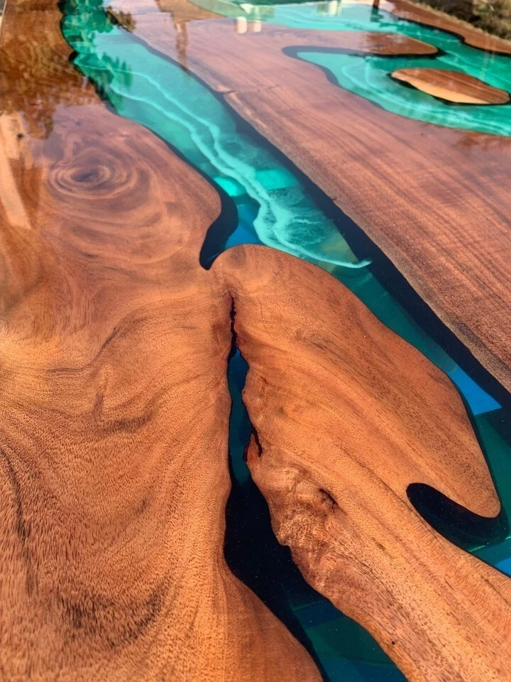 Blue Epoxy Top Center Dining Table Acacia Wood Countertop Walnut Resin Arts Top - Image 3 of 4