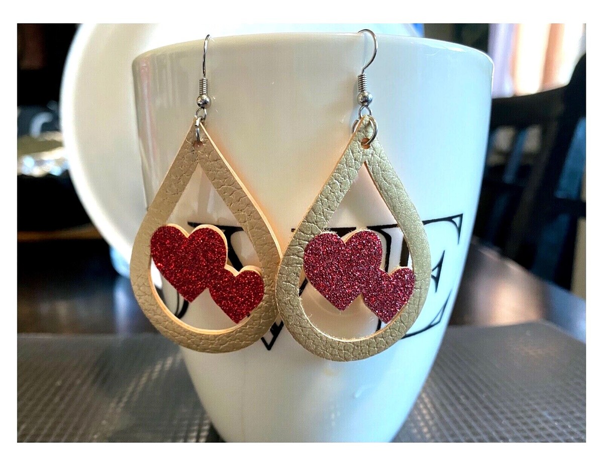 Two Glittery Hearts Faux Leather Teardrop Shaped Earrings