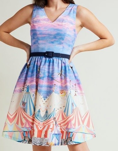 Abito MODCLOTH Take Up Space A-Line in Circo Gatti Taglia XL -NUOVO Rosa Blu Nuvole - Foto 1 di 14