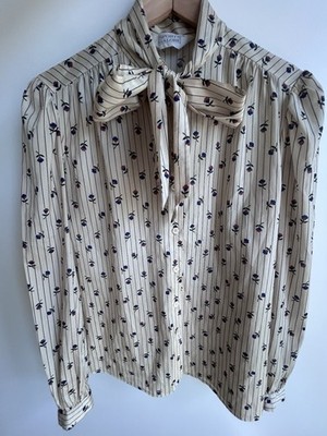 Cream Floral Stripe Tie-Neck Blouse Size M