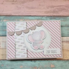 Glückwunschkarte zur Taufe für Kinder Taufkarten, Handarbeit, Elefant Rosa & Gra