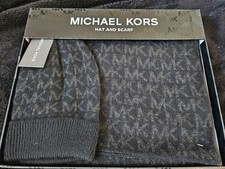 NEW- Michael Kors Hat Scarf Gift Set Gray Black Logo Mk Winter Beanie - NWT
