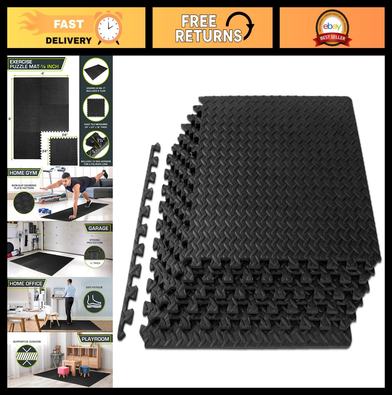 Interlocking Foam Exercise Mat &frac12; in - Home Gym Flooring, Kids Play Area, 24 Sq F