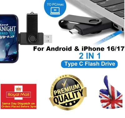 PENGDA TYPE-C USB 3.0 2 in 1 Memory Photo Stick Flash Drive Android/iPhone 16-17/PC/Mac