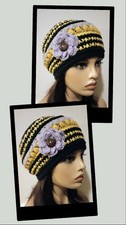 crochet handmade womans flower hat beanie pixie yellow puffs new