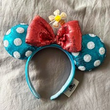 Disney- Parks Sunflower Blue White Polka Dot Sequin Headband Minnie Mouse Ears