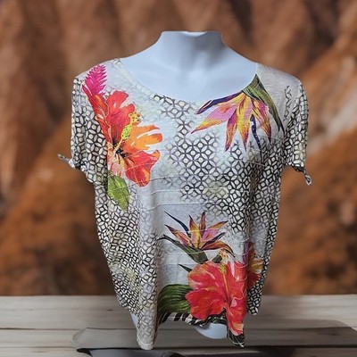 Time & Tru Knit Top Tunic Cold Shoulder W/ties Embellished Tropical Floral Sz 3X