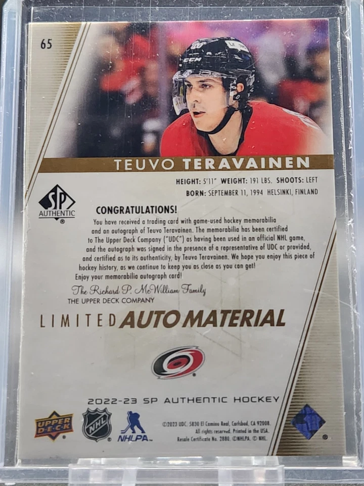 2022-23 SP Authentic Limited Material Autographs #65 Teuvo Teravainen Auto /100 - Image 2 of 2