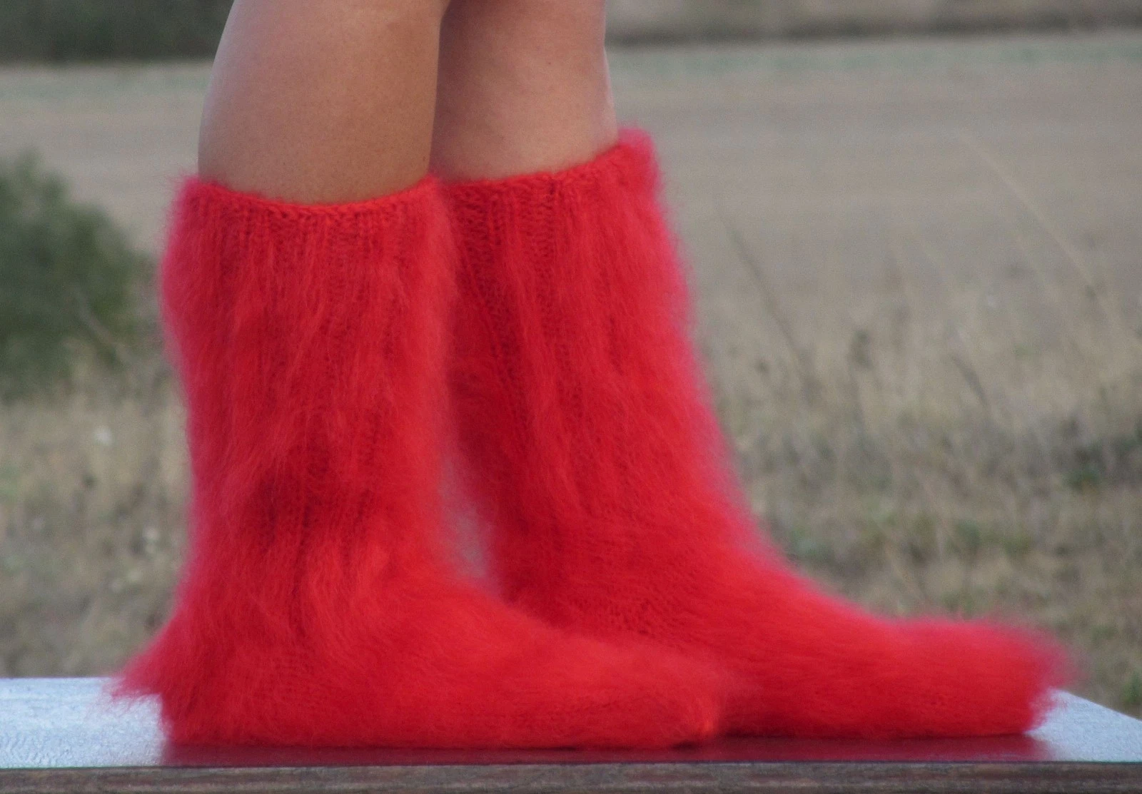 MOHAIR Bright red Thick socks fuzzy hand knitted fluffy leg warmers №1974