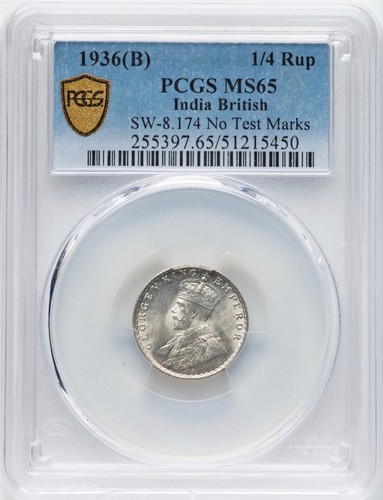 INDIA BRITISH GEORGE V 1936-B 1/4 RUPEE COIN, UNCIRCULATED PCGS CERTIFIED MS65