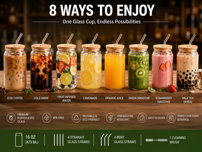 8 Pack 16oz Glass Cups with Bamboo Lids & Glass Straws, Reusable Drinkware Set
