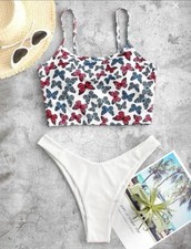 New Zaful White Butterfly Bikini Set Crop Tank Knit High Cut Cheeky US 12 L XL