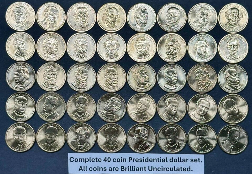 Complete 40-Coin Presidential Dollar Set 2007-2020 BU Brilliant Uncirculated From Mint Rolls