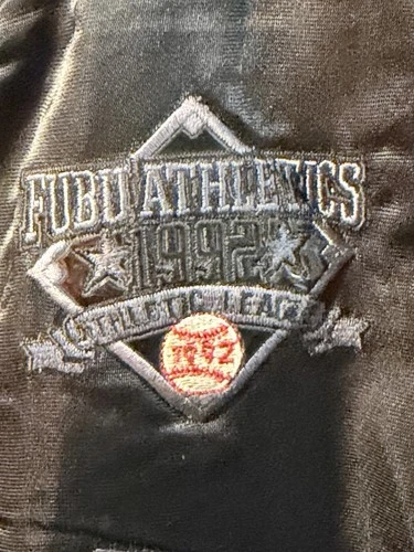 FUBU Athletics Men’s Black Satin Snap Bomber Jacket Quilted Lined NYC 05 Medium  image 5