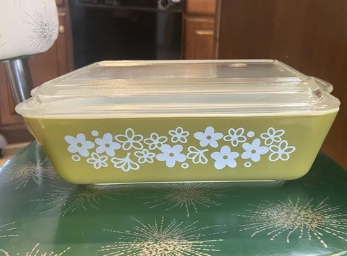 Vtg Pyrex 1 1/2 Qt Spring Blossom/Crazy Daisy 503 Refrigerator Dish W/Glass Lid