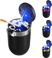 Car Ashtray with Lid, Detachable Stainless Steel Ash Tray with LED Blue Light...