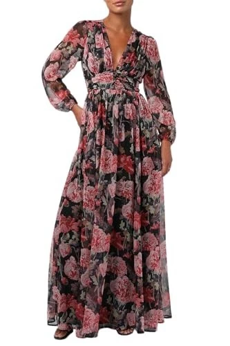 long dress embroidery Floral Printed & Embroidered Fit-Flared Maxi Gown