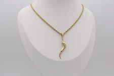 Gold Italian Horn Necklace For Men, 3mm Gold Rope Chain, Italian Horn Diamond