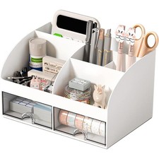 Desk Organizer with 6 Compartments 2 Drawers Plastic Makeup Storage Pen Holder